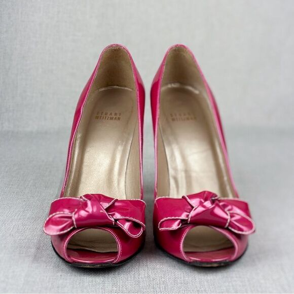 Stuart Weitzman Hot Pink Patent Leather Peep-Toe Heels with Bow, size US 10 - Picture 5 of 11